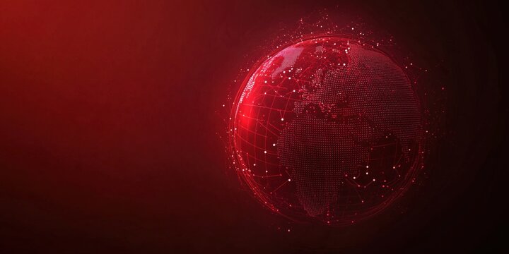 Red globe with network connections, digital world map, technology background