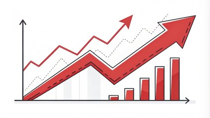Red upward arrow graph showing rising trend, isolated