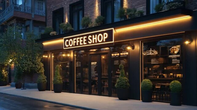 A coffee shop storefront with a large neon illuminated at night, with large windows and potted green plants near the entrance door