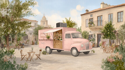 Charming vintage ice cream truck in serene european courtyard setting