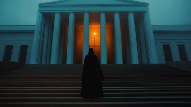 Mysterious hooded figure at illuminated temple entrance. Secret society concept. Global power elite scene. Dark atmospheric footage