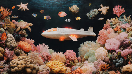 Futuristic submarine exploring vibrant coral reefs with marine life