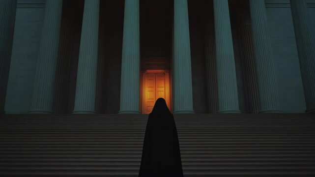 Mysterious hooded figure at illuminated temple entrance. Secret society concept. Global power elite scene. Dark atmospheric footage