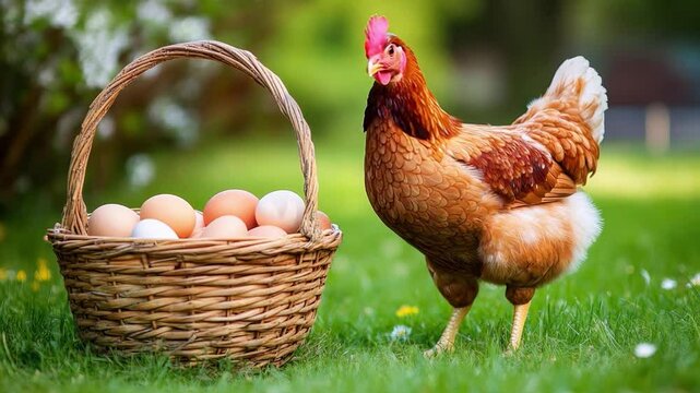 A lively brown chicken explores a vibrant garden, next to a basket brimming with freshly laid eggs, under the warm sunlight