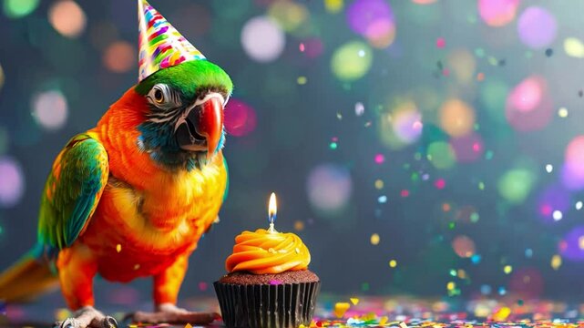 A vibrant parrot wears a party hat while next to a cupcake with a candle, surrounded by colorful decorations and confetti, copy space