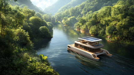 Eco-friendly solar powered boat cruising through a lush tropical river landscape