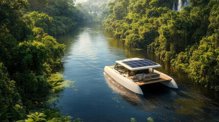 Solar-powered catamaran gliding through lush tropical river ecosystem