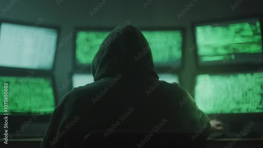Poster mysterious hacker monitoring green data screens. cyber surveillance scene. digital security concept.
