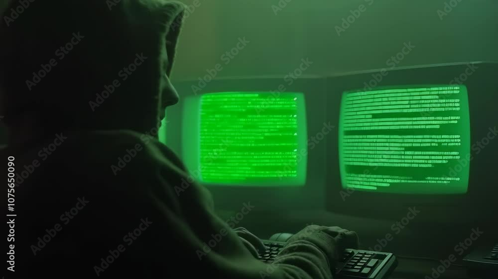 Poster hooded hacker working with multiple green code screens in darkness. cyber security threat scene. dig