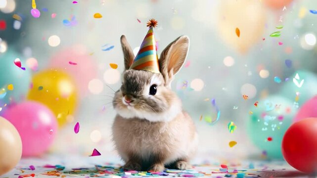 A fluffy rabbit enjoys its birthday celebration surrounded by colorful confetti and balloons, creating a festive atmosphere
