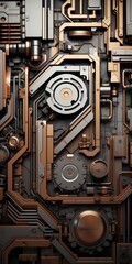 Dynamic 3D industrial background. Modernity and innovation. Intricate geometric shapes and textures. Mechanical elements. Technological advancement. Depth and complexity.