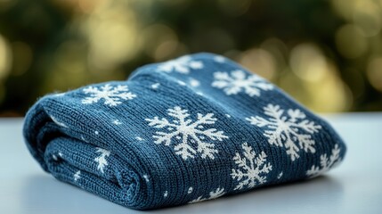 Folded blue winter sweater with white snowflake pattern.