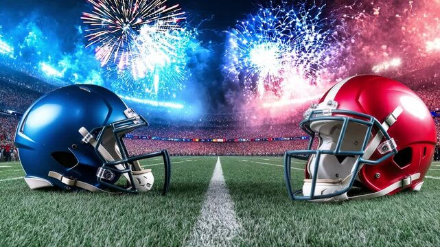 A thrilling american football championship unfolds at the stadium, featuring vibrant fireworks lighting up the night sky as fans cheer
