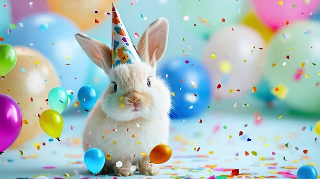 A cute rabbit wearing a party hat enjoys a celebration surrounded by balloons and colorful confetti on a bright backdrop