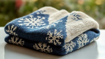 Folded blue and white sweater with snowflake pattern