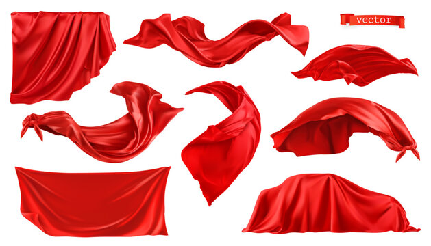Red curtain, drapery fabric, 3d realistic vector set