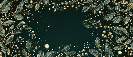 Art deco inspired holiday pattern featuring repeating metallic gold mistletoe motifs on deep forest green. Generative AI.