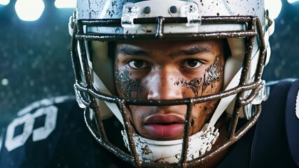 A high school football player focuses intently, readying himself for an upcoming game under the night sky with stadium lights illuminating the field