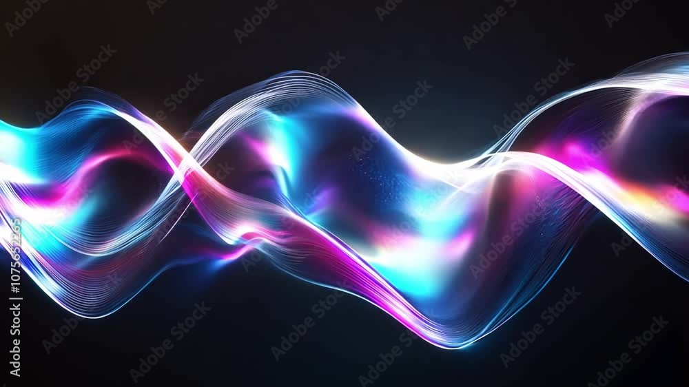 Poster flowing light waves create a display of glowing colors and movement against a dark background