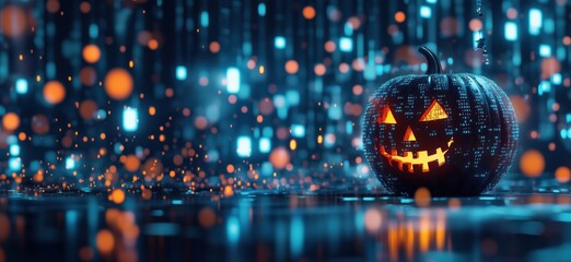 Fototapeta premium Glowing Halloween pumpkin with digital patterns, vibrant lights, festive atmosphere