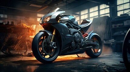 Modern motorcycle parked in an industrial warehouse with dramatic lighting and a gritty,