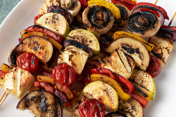vegetarian kebabs grilled, macro, close-up, eating out