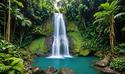 Naklejka premium A lush rainforest waterfall cascades into a turquoise pool, surrounded by vibrant greenery