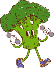 Groovy broccoli vegetable happy character. Farming market organic broccoli vegetable cute groovy vector mascot, healthy vegetarian food or ripe veggie, agriculture product character lifting dumbbells