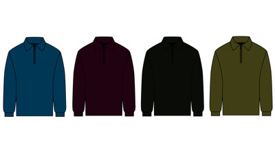 Collection of vector sketch patterns of classic long sleeved polo shirt with zipper closure. Set of sketches of long sleeve polo shirt, blue, burgundy, gray, khaki colors isolate on white background.