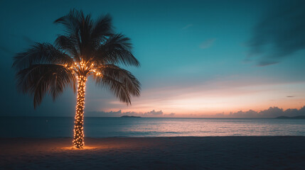 Palm tree on left side of frame decorated with Christmas lights on a beach during twilight
