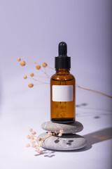 Glass brown serum bottle with a pipette for skin care with branches and flowers on a gray background. Health and beauty concept