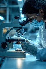 A scientist uses a microscope in a lab setting. AI.