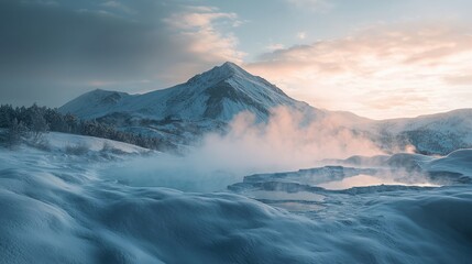 Snow-covered mountains and steaming hot springs during a tranquil winter sunrise