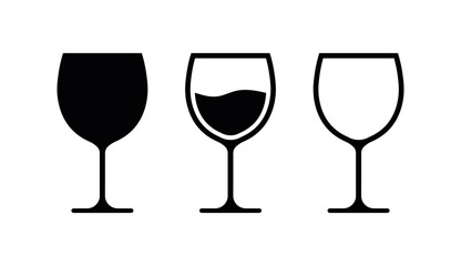 Flat icon of wine glass, set of icons isolated on white background, line drawing of wine glass