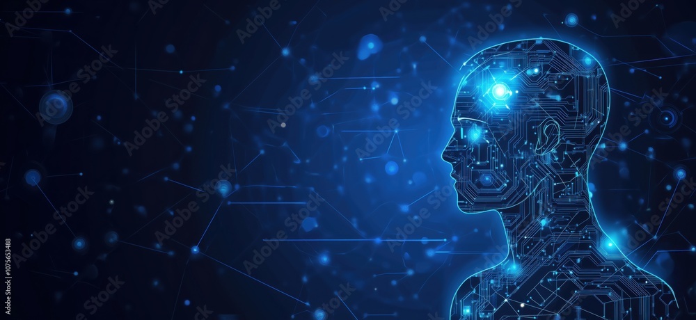 Poster futuristic digital human silhouette with circuit patterns and glowing elements