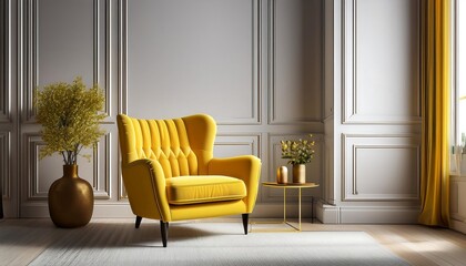 Fototapeta premium A bright yellow chair sits amidst sleek, modern decor and classic paneling, evoking an airy_1(65)