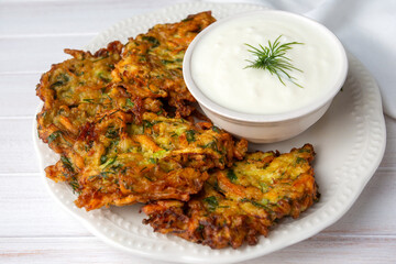 Mucver, Turkish traditional food. (Turkish cuisine) Homemade Food with Zucchini.