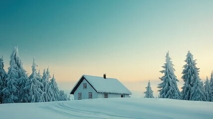   House in snowfield surrounded by trees; blue sky background