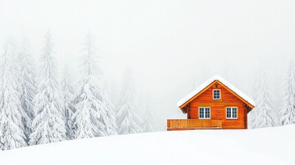   A tiny log cabin surrounded by a snowy field, dotted with tall trees, and a light dusting on the ground