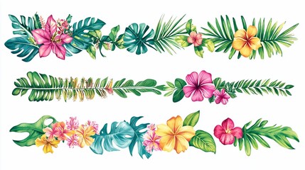 Watercolor tropical floral border with pink, yellow, and blue flowers.