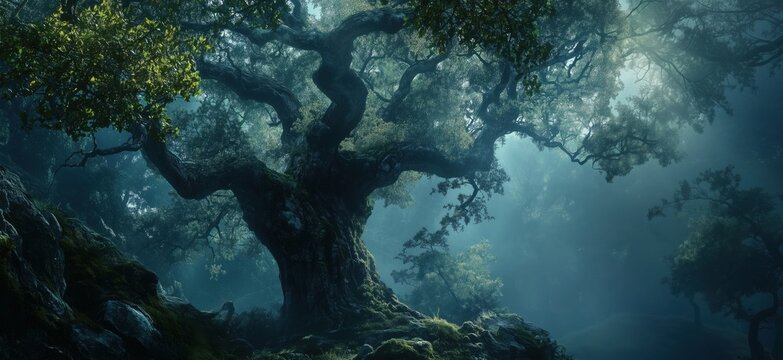Ancient tree in misty forest, twisted branches, ethereal atmosphere, lush greenery