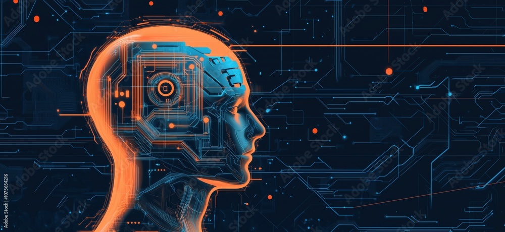 Poster futuristic ai profile with circuit patterns, glowing elements, and digital interface