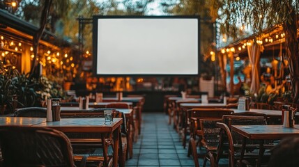 Outdoor Movie Screen Setup with Tables and Chairs Ready for Guests.