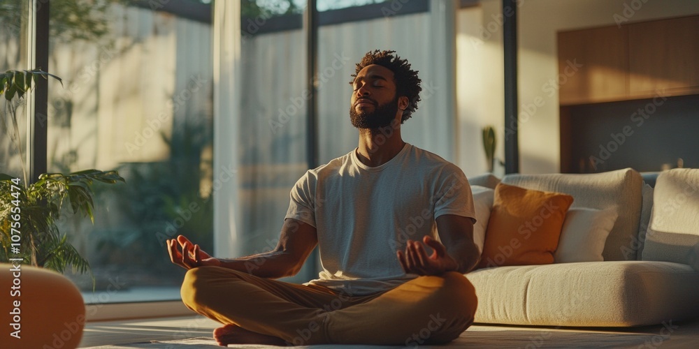 Poster a man sits cross-legged in a bright indoor space. he practices meditation with a serene expression. 
