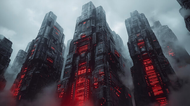 Futuristic towering structures with glowing red lights amidst a foggy, dystopian atmosphere - Powered by Adobe