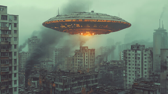 Alien spaceship hovering over a dystopian cityscape with smoke and damaged buildings