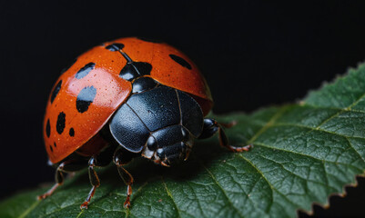 Fototapeta premium A ladybug with black spots rests on a green leaf