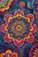 Intricately colored mandala design with floral elements and vibrant patterns