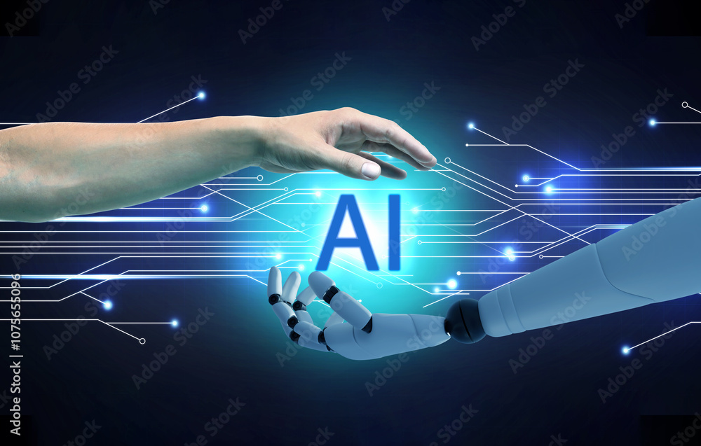 Poster ai abbreviation between human hand and robot arm on dark background with circuit board pattern