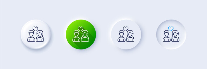 Couple with Heart line icon. Neumorphic, Green gradient, 3d pin buttons. Users Group sign. Male and Female Person silhouette symbol. Line icons. Neumorphic buttons with outline signs. Vector